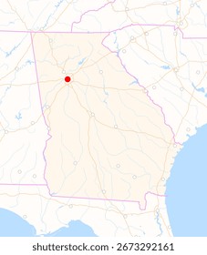 Mapa del estado de Georgia (Estados Unidos) que muestra la ubicación de la ciudad de Atlanta. La ciudad está marcada con un punto rojo y el estado también se destaca. No hay etiquetas en absoluto.