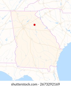 Map of the state Georgia (USA) showing the location of the city Athens-Clarke. The city is marked with a red dot and the state is also highlighted. No labels at all.