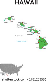 Eine Karte des Zustands von Hawaii. Die Karte zeigt die Hauptstädte, Großstädte.