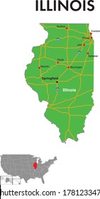 Mapa del estado de Illinois. El mapa muestra las capitales de estado, las principales ciudades y autopistas.