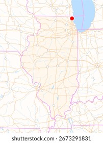 Mapa do estado de Illinois (EUA) mostrando a localização da cidade de Waukegan. A cidade é marcada com um ponto vermelho e o estado também é destacado. Sem rótulos.