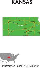 Map of the state of Kansas. The map depicts the state capitals, major cities and highways.