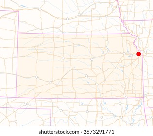 Mapa del estado de Kansas (Estados Unidos) que muestra la ubicación de la ciudad de Shawnee. La ciudad está marcada con un punto rojo y el estado también se destaca. No hay etiquetas en absoluto.