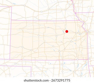 Karte des Bundesstaates Kansas (USA) mit der Lage der Stadt Manhattan. Die Stadt ist mit einem roten Punkt markiert und der Zustand ist ebenfalls hervorgehoben. Überhaupt keine Etiketten.