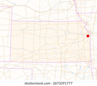 Mapa del estado de Kansas (Estados Unidos) que muestra la ubicación de la ciudad de Olathe. La ciudad está marcada con un punto rojo y el estado también se destaca. No hay etiquetas en absoluto.