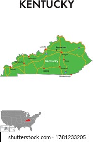 Karte des Zustands von Kentucky. Die Karte zeigt die Hauptstädte, Großstädte und Autobahnen.