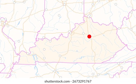 Map of the state Kentucky (USA) showing the location of the city Lexington-Fayette. The city is marked with a red dot and the state is also highlighted. No labels at all.