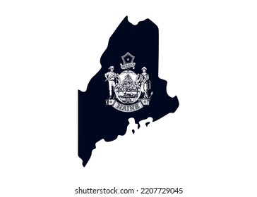 Map of the state of Maine with its official flag. Map of the US state isolated on white background. Vector illustration