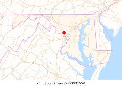 Map of the state Maryland (USA) showing the location of the city Rockville. The city is marked with a red dot and the state is also highlighted. No labels at all.