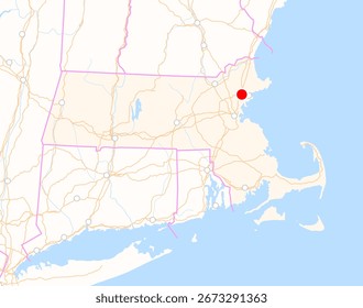 Mapa del estado de Massachusetts (Estados Unidos) que muestra la ubicación de la ciudad de Peabody. La ciudad está marcada con un punto rojo y el estado también se destaca. No hay etiquetas en absoluto.