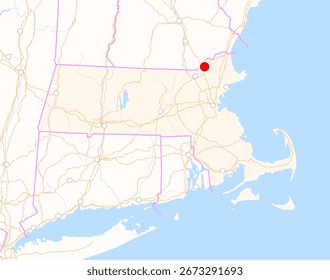 Map of the state Massachusetts (USA) showing the location of the city Methuen Town. The city is marked with a red dot and the state is also highlighted. No labels at all.