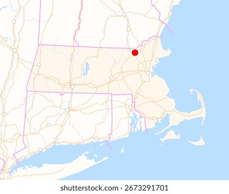 Mapa del estado de Massachusetts (Estados Unidos) que muestra la ubicación de la ciudad de Lowell. La ciudad está marcada con un punto rojo y el estado también se destaca. No hay etiquetas en absoluto.