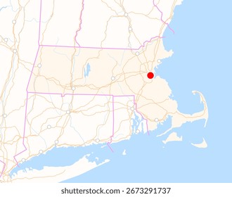 Map of the state Massachusetts (USA) showing the location of the city Boston. The city is marked with a red dot and the state is also highlighted. No labels at all.