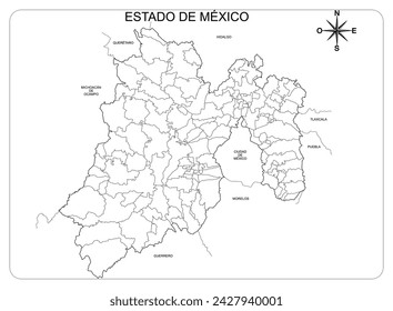 Mapa del Estado de México con división política, entre estados vecinos y municipios del estado, sin nombres, en blanco y negro, ideal para la escuela