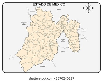 Map of the State of Mexico with political division, between neighboring states and municipalities of the state, without names, in black and white, ideal for school