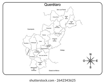 Mapa do estado de Querétaro no México com divisões políticas por municípios, pronto para infográficos