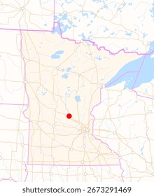 Map of the state Minnesota (USA) showing the location of the city St. Cloud. The city is marked with a red dot and the state is also highlighted. No labels at all.