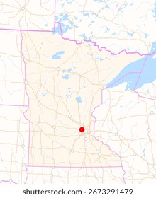 Mapa del estado de Minnesota (Estados Unidos) que muestra la ubicación de la ciudad de Plymouth. La ciudad está marcada con un punto rojo y el estado también se destaca. No hay etiquetas en absoluto.
