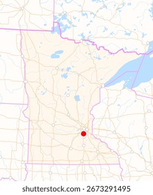 Mapa del estado de Minnesota (Estados Unidos) que muestra la ubicación de la ciudad de Burnsville. La ciudad está marcada con un punto rojo y el estado también se destaca. No hay etiquetas en absoluto.
