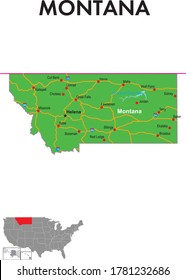 Map of the state of Montana. The map depicts the state capitals, major cities and highways.
