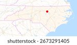 Map of the state North Carolina (USA) showing the location of the city Durham. The city is marked with a red dot and the state is also highlighted. No labels at all.