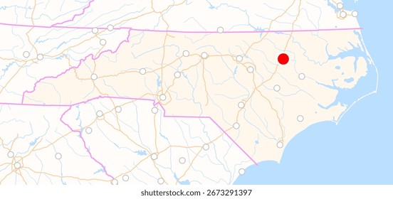 Mapa do estado da Carolina do Norte (EUA) mostrando a localização da cidade Rocky Mount. A cidade é marcada com um ponto vermelho e o estado também é destacado. Sem rótulos.