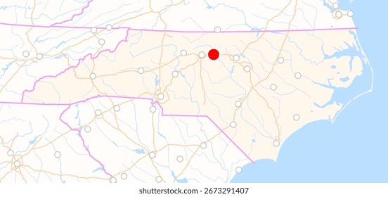 Mapa do estado Carolina do Norte (EUA) mostrando a localização da cidade Burlington. A cidade é marcada com um ponto vermelho e o estado também é destacado. Sem rótulos.