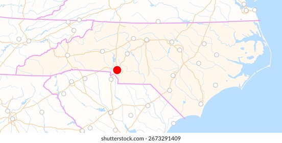Map of the state North Carolina (USA) showing the location of the city Charlotte. The city is marked with a red dot and the state is also highlighted. No labels at all.