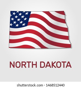 Map of the state of North Dakota in combination with a waving the flag of the United States - Vector