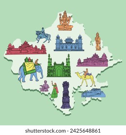 Mapa del estado de Rajasthan en la India, monumentos y elementos de Rajasthan.