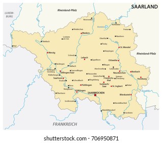 Map of the state of Saarland with the most important cities in german language