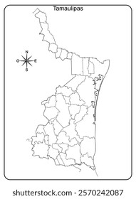 Map of the State of Tamaulipas in the country of Mexico in black and white with political division