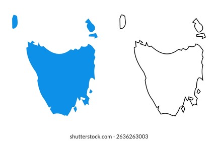 Map state Tasmania of Australia. Map with detailed outlines and blue silhouettes	