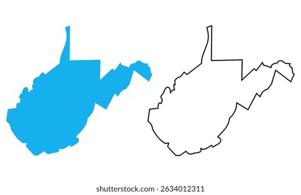 Landkarte des Bundesstaates West Virginia, Vereinigte Staaten. Karte mit detaillierten Umrissen und blauen Silhouetten	