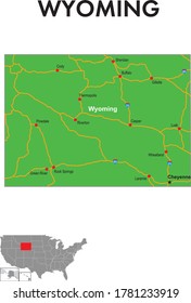 Map of the state of Wyoming. The map depicts the state capitals, major cities and highways.