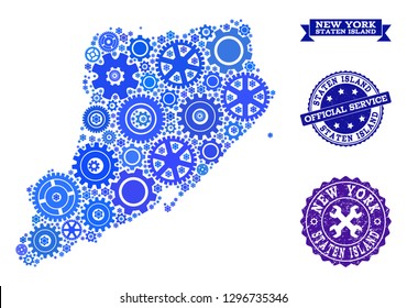 Map of Staten Island composed with blue engine symbols, and isolated rubber seals for official repair services. Vector abstract mosaic of map of Staten Island with work symbols in blue color tinges.