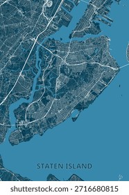 map of Staten Island, New York, rendered in shades of blue and white. The map showcases the intricate network of streets, waterways, and geographical features of the island.