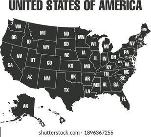 Map of states borders of USA or America isolated