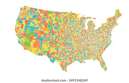 Map of the states and counties in the United Stateswith individual colors,isolated on white background for website layouts,background,education, precise,customizable,Travel worldwide,map silhouette.