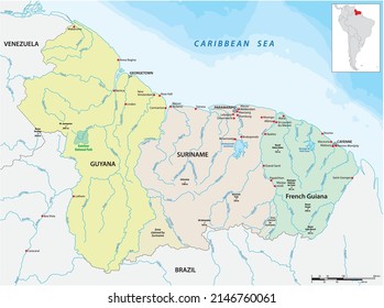 Mapa de los estados de Guyana, Surinam y el departamento francés de Guyana Francesa