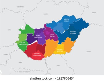 Map statistical regions of Hungary with territories neighboring countries Europe, detailed vector illustration