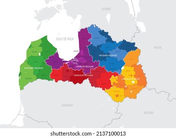 Map of the Statistical regions of Latvia, State cities and municipalities as of 2021, detailed vector illustration