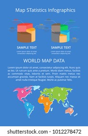 Map statistics infographics word data color banner, vector illustration with continents, text sample, set of diagrams, isolated on blue background
