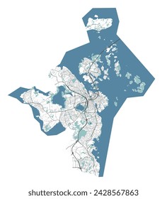 Map of Stavanger, Norway. Detailed city vector map, metropolitan area with border. Streetmap with roads and water.