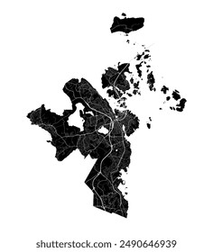 Map of Stavanger, Norway. Detailed city vector map, metropolitan area with border. Black and white streetmap with roads and water.