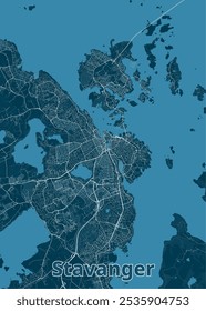 Map of Stavanger, Norway, rendered in a minimalist style. The city's layout is depicted with white lines representing roads and waterways, contrasting against a deep blue background.