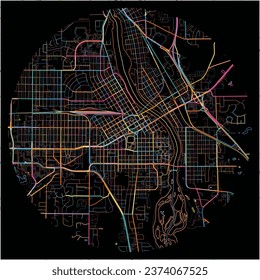 Map of St-Cloud, Minnesota with all major and minor roads, railways and waterways. Colorful line art on black background.