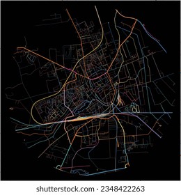 Map of Stendal, Saxony-Anhalt with all major and minor roads, railways and waterways. Colorful line art on black background.