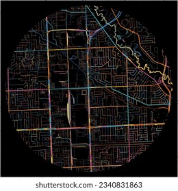 Map of SterlingHeights, Michigan with all major and minor roads, railways and waterways. Colorful line art on black background.