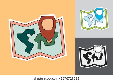 Map Sticker in Cutout Hand Drawn Style with Dark Line Art in Three Different Color Theme
